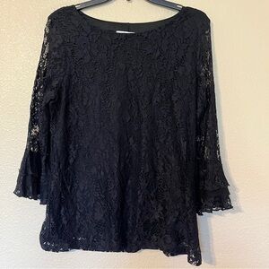 Elle Women’s L Elegant Black Lace Lined Blouse w/ 3/4 Sleeves